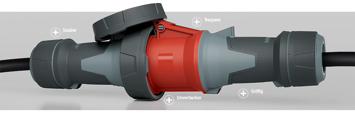 Stecker und Kupplung, grau-rot, mit Verschraubung 