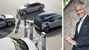 Eine Collage mit einer Person und vier Elektroautos angeschlossen an Ladesäulen
