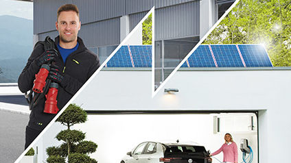 Eine Collage mit zwei Bildern, die durch einen Blitz getrennt werden. Auf dem einen Bild hält ein Mann eine CEE-Steckvorrichtung in den Händen. Auf dem anderen Bild lädt eine Frau ihre E-Auto mit Hilfe einer Wallbox