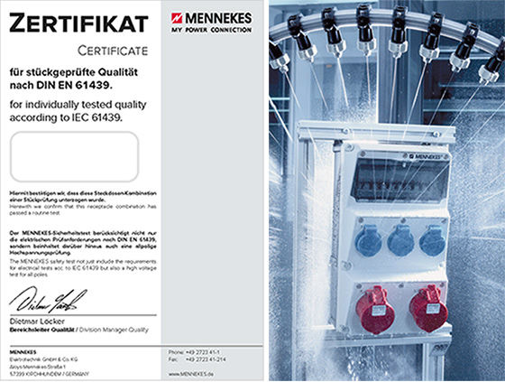 Bildcollage mit einem Zertifikat und einer AMAXX Steckdosen-Kombination