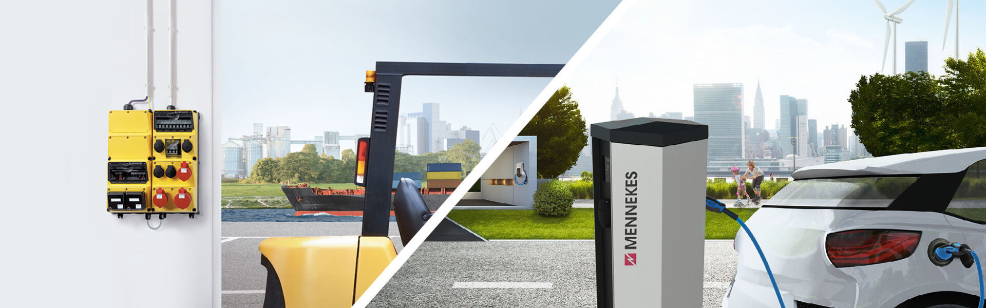 Die Keyvisuals der zwei Geschäftseinheiten Industriesteckvorrichtungen und eMobility von MENNEKES